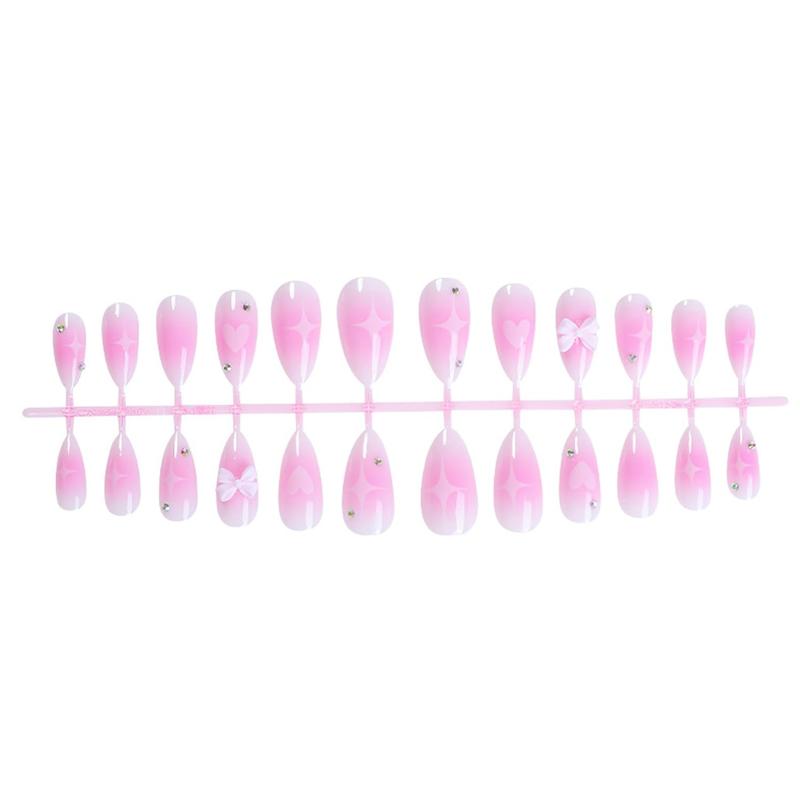 Pink Gradient Almond Press-On Nails with Blush Bow & Star Rhinestones Glossy Stick-On Acrylic False Nails for Women Girls DIY Manicure Easter Birthday Gifts