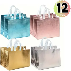 12-Pack Shiny Reusable Gift Bags, Glossy Multicolor Set, Ideal for Shopping, Birthday, Party Gifts, Size 32x28x12 Cm