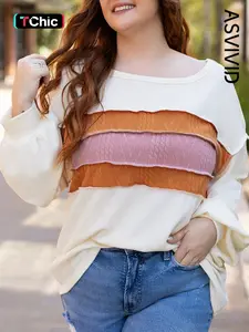 Women's Crew Neck Corded Exposed Seam Knit Patchwork Drop Sleeve Top