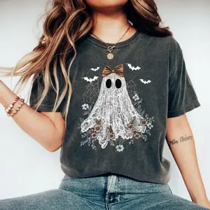 [Sale off up to 50%] Halloween Lace Ghost Comfort Color shirt, Spooky Coquette T-Shirt Girly Ghost Orange Bow T Shirt Lacey Ghost Tee Comfort Spooky Season Shirt