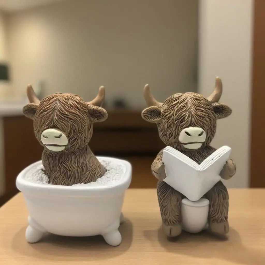 Highland Cow Toilet Seat Decoration, Farmhouse Fun Bookend, Durable Resin Craft, Resin Animal Sculptures, Home Office Desktop Creative Gift, Suitable for Easter Thanksgiving Moving in, Cow Ornament
