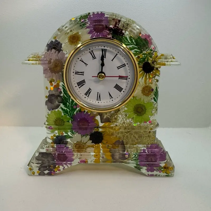 Flowered Desktop Clock - Pressed Flowers Design, Epoxy Resin Table Lamp, Colorful Floral Pattern, Customized Desktop Clock