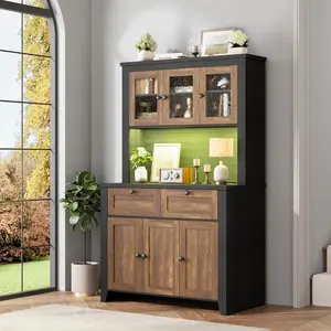 Pantry Cabinet with Charging Station, Water Ripple Kitchen Pantry Storage Cabinet with Countertop, with Storage Drawers and Adjustable Shelves, for Dining Room