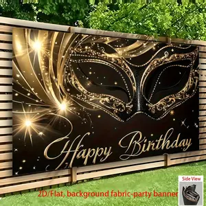 1pc Golden Masquerade Mask Birthday Party Banner - Elegant Black & Golden Design with Sparkling Lights, Perfect for Home Decor, Office, Bar, Cafe, and Celebrations, Polyester Material, No Electricity Needed, Event Backdrop White