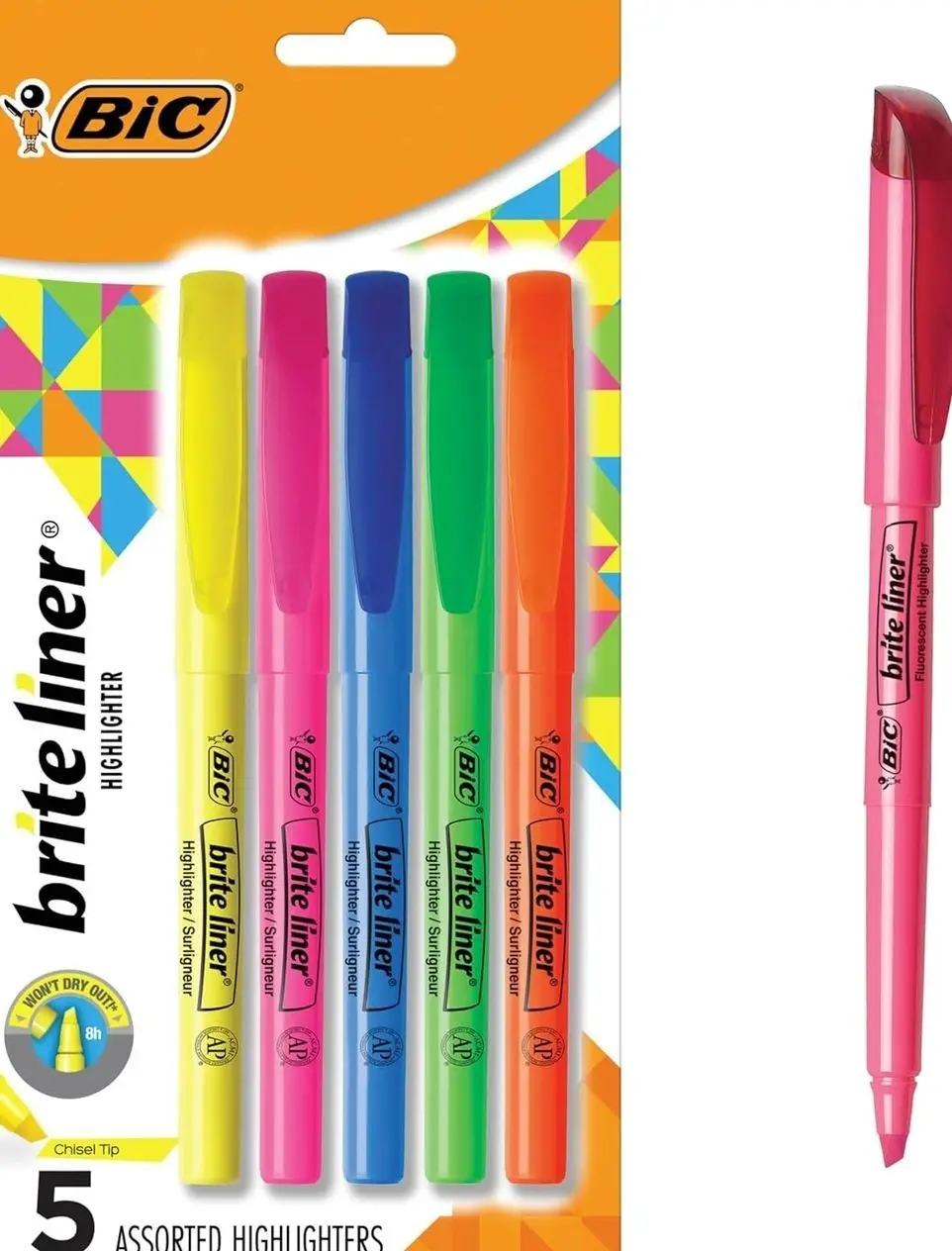 BIC Brite Liner Highlighters, Chisel Tip, 5-Count Pack, Assorted Colors