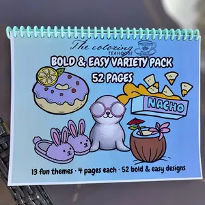The Coloring Teahouse: Handmade Bold & Easy Variety Pack Coloring Book. Spiral bound, includes reusable protective sheet for alcohol markers and tea sticker. Made with recycled paper.