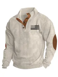 Men's national flag printed corduroy stand collar henley collar splicing sweatshirt, elbow patch design, comfortable and warm fabric, suitable for daily, outdoor travel and other scenarios to wear, men's casual fashion hoodie.