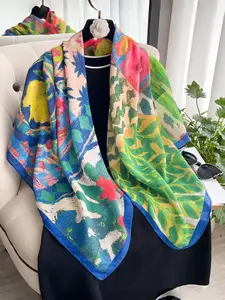 Women's Casual Fashion Cotton Linen Scarf, Soft Smooth Sun Protection Boho Style Colorblock Floral Shawl, Fitted Thin Woven Fabric, All Season Wearable Headscarf