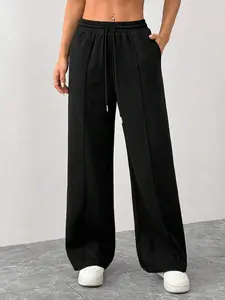 Women's High Waist Drawstring Elastic Waist Waffle Wide Leg Sweatpants