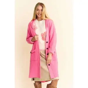 Davi & Dani Side Slit Button Up Hooded Cardigan