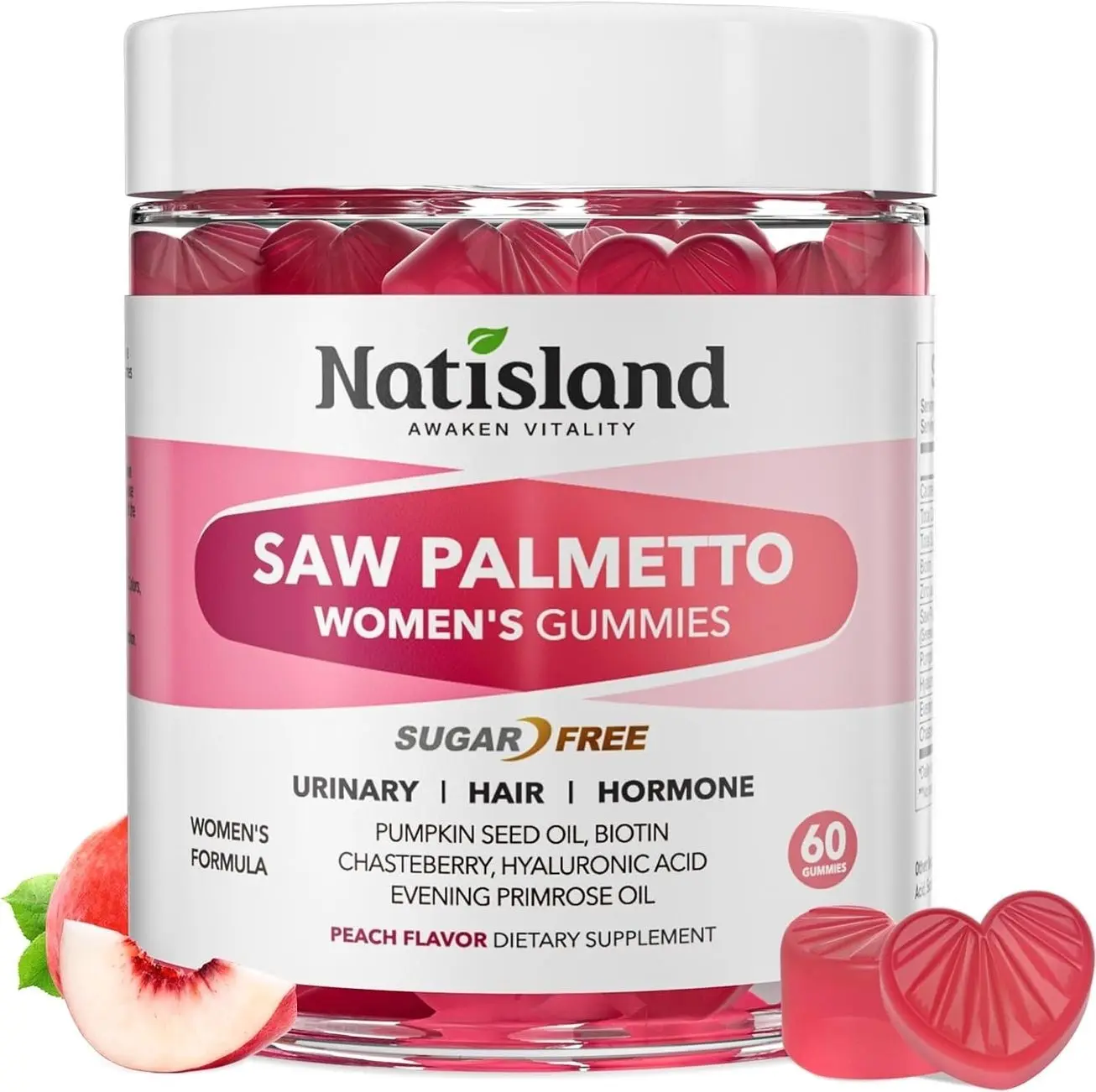 Saw Palmetto for Women Gummies, Organic Saw Palmetto with Pumpkin Seed Oil for Hair Growth, DHT Blocker & Urinary Health, Sugar Free, Vegan, Peach Flavor, 60 Chewable