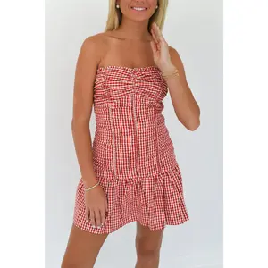 Kassie Checker Ruched Tube Mini Dress - Red Checker