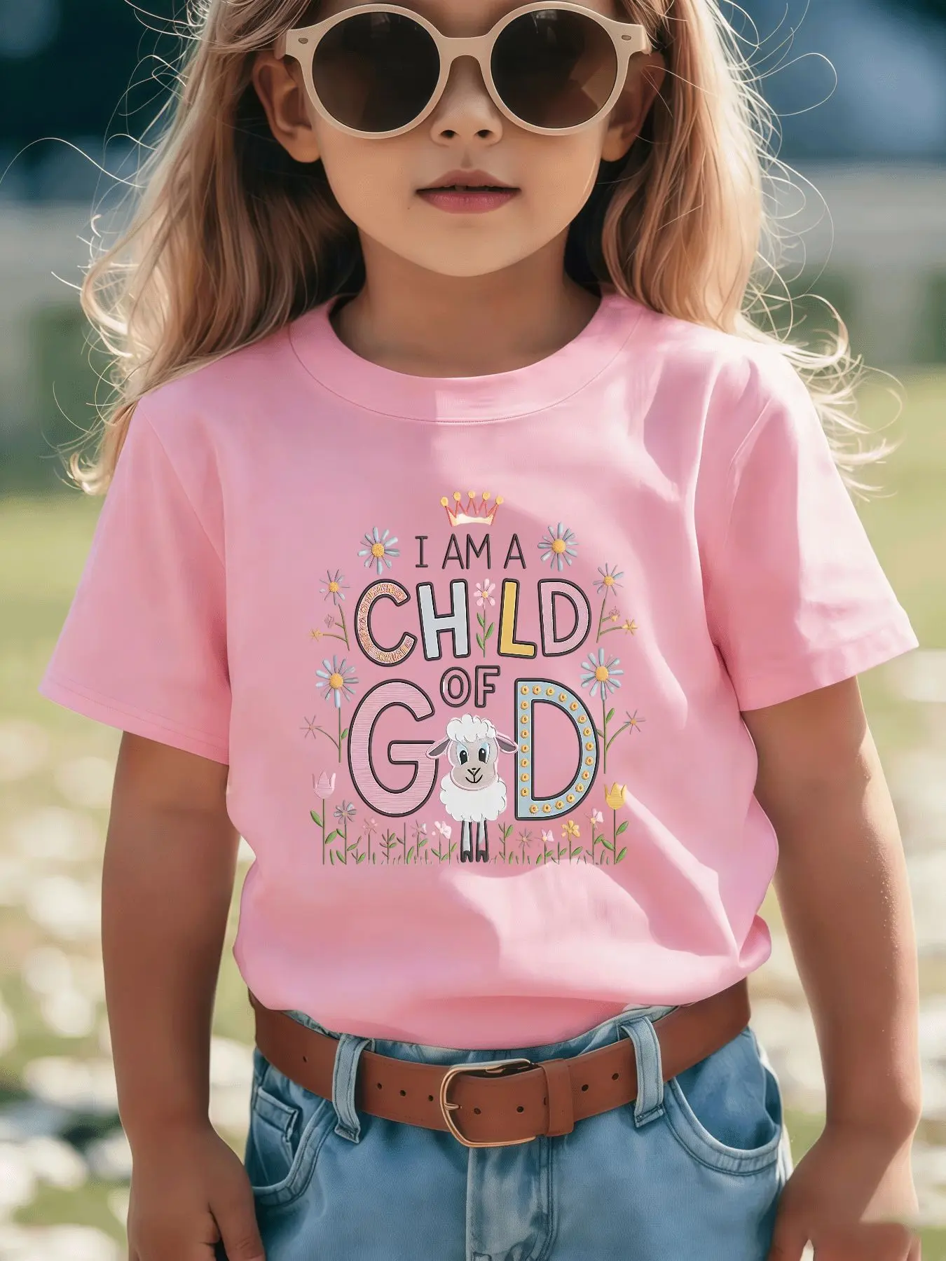 Kids "I Am A Child Of God" Religious Graphic T-Shirt, Short Sleeve Crew Neck Faith-Based Tee Daisy Flower Tee