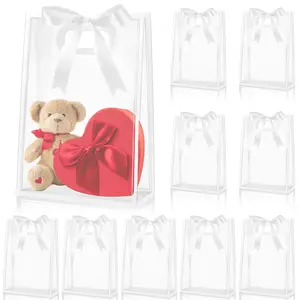 20 Transparent Plastic Party Gift Bags with Ribbon Roll or Strips, Reusable Gift Wrapping Supplies for Graduation, Wedding, Birthday, Baby Shower, Business