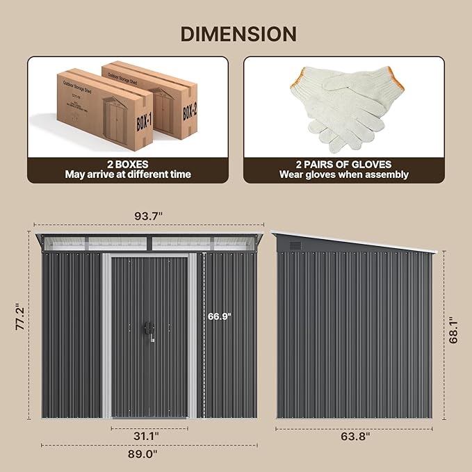 【2 Packages Shipping】Gizoon 7.4'x5.3' Outdoor Storage Shed Metal Garden Shed with Sliding Lockable Doors, Versatile Tool Bike Shed with Transparent Panel Windows, Outdoor Storage Clearance for Backyard, Patio, Dark Gray