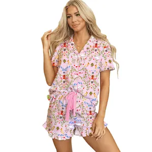 Nutcracker Doll Christmas Print Ribbon Tie Waist Short 2pcs Pajama Set
