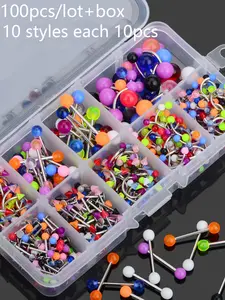 100pcs Stainless Steel Acrylic Body Jewelry Set, Navel Piercing Jewelry, Belly Rings Tongue Piercings Eyebrow Nose Lip Studs, Casual Colorblock Design, All Seasons