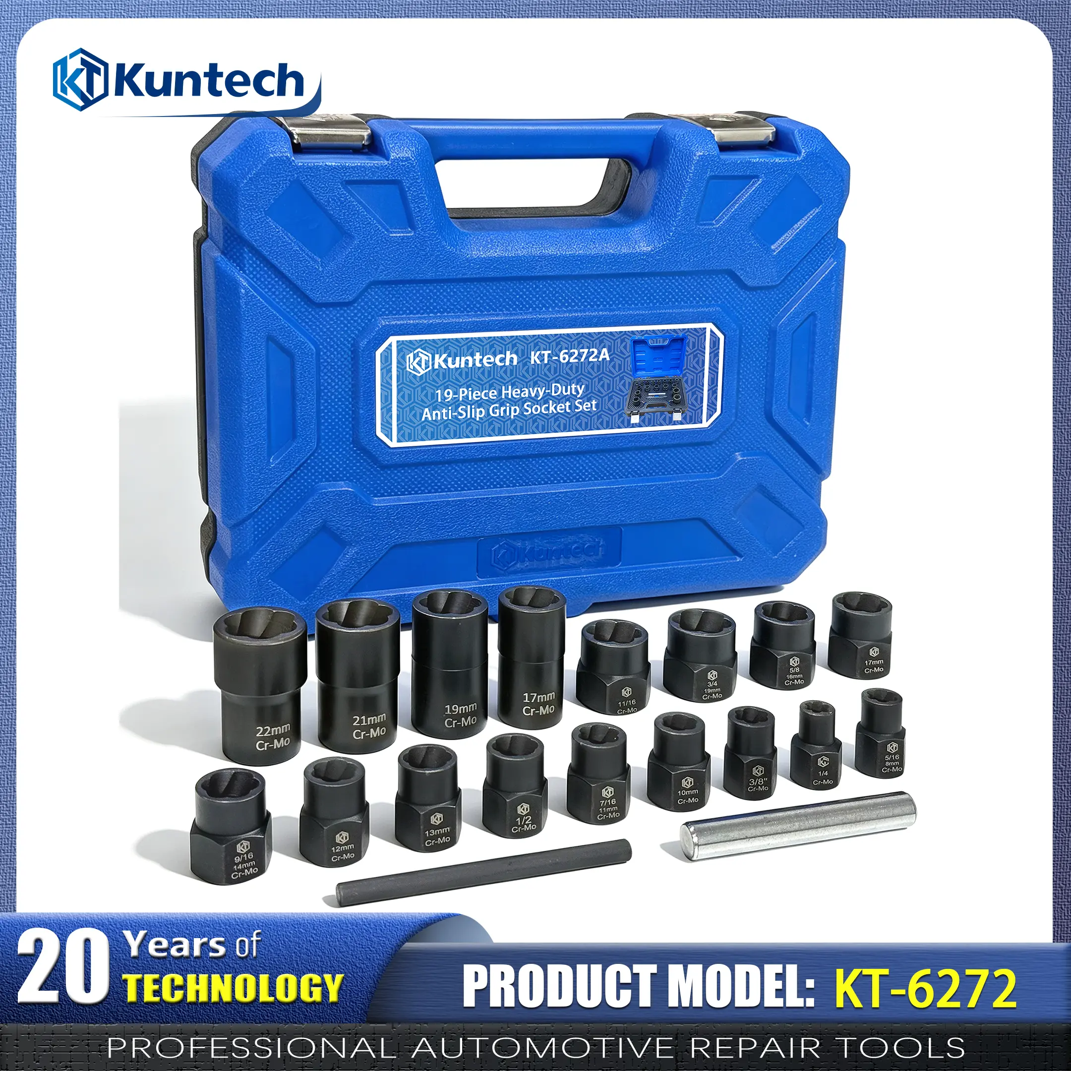 Kuntech KT-6272 17-Piece Stripped Bolt Remover Socket Set, Chrome Molybdenum Steel Reverse Thread Extractor Kit