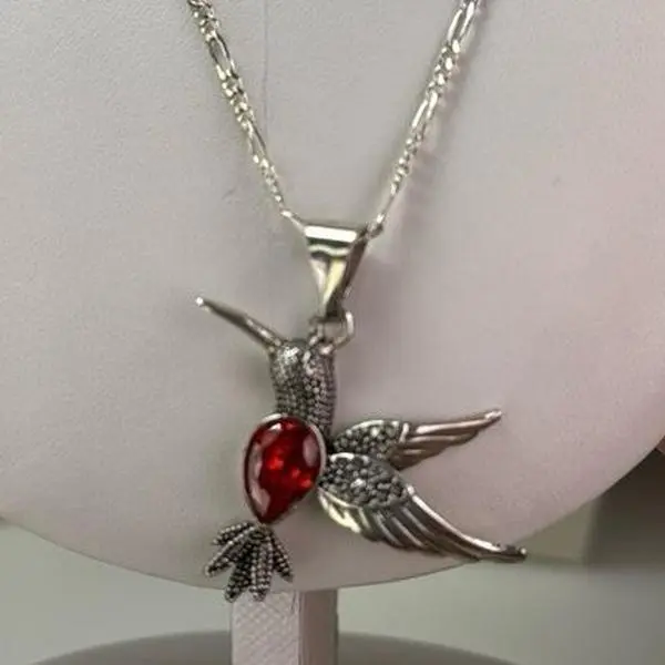 925 Sterling Silver Hummingbird Pendant with Authentic Garnet Stone 1.5” Length with Figaro chain