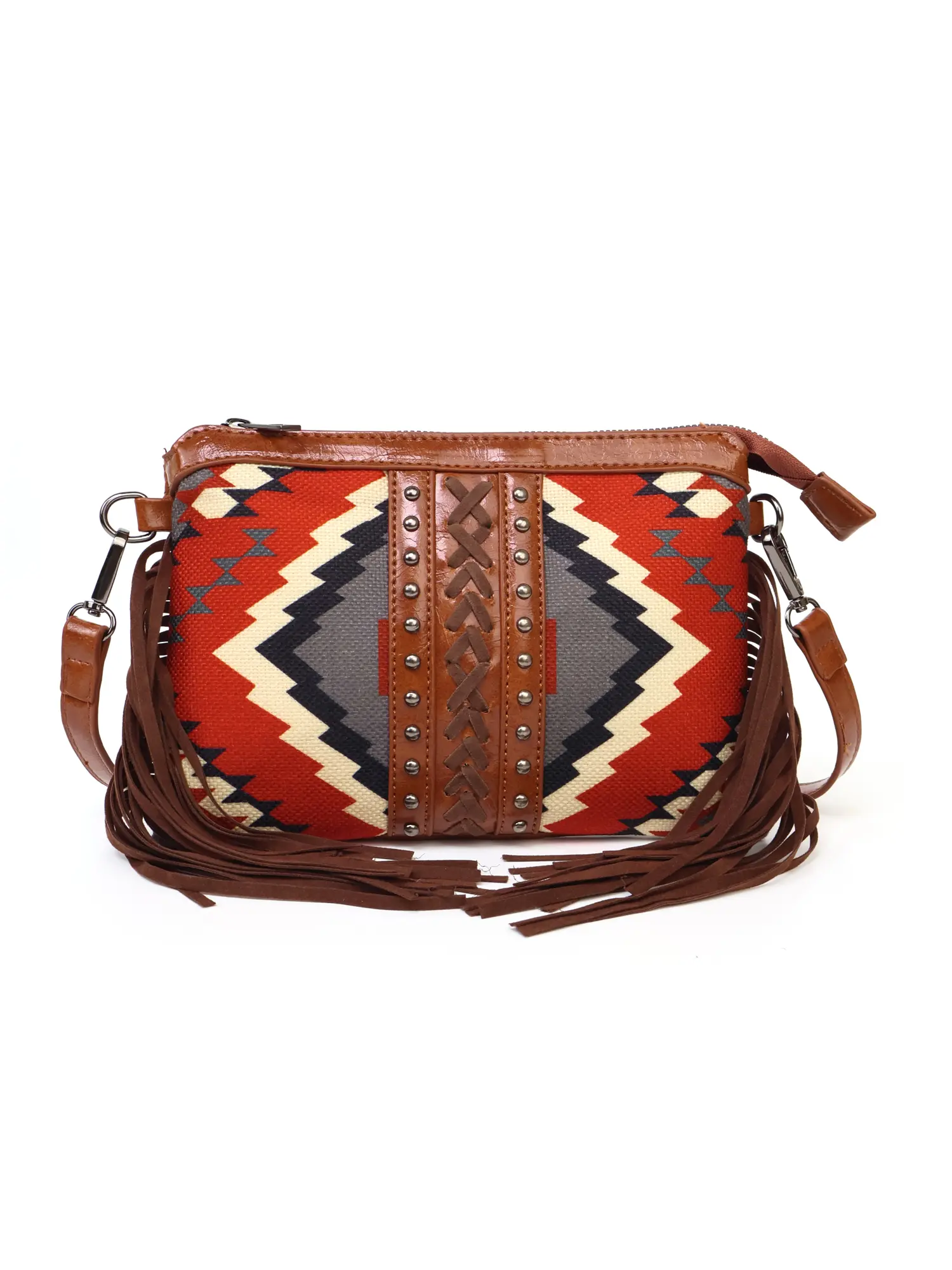 Adult Women Western Red Color Aztec Shoulder Bags Canvas Leather Tassel Bohemia Styles Trending Design Small Purse