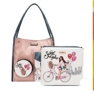 2-Piece Illustrated Tote Bag and Zip Pouch Set - Stylish Everyday Use with Illustrated Design & Versatile Storage for Books Groceries & Small Items
