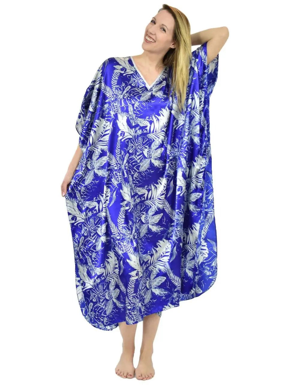 Women's Long Satin Caftan / Kaftan / Muumuu, Tropical Sapphire Print