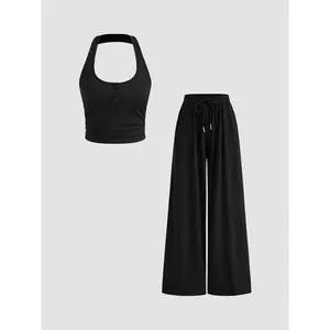 Cider [size 2-10] Halter Neckline Solid Crop Top With Mid Rise Solid Knotted Wide Leg Trousers