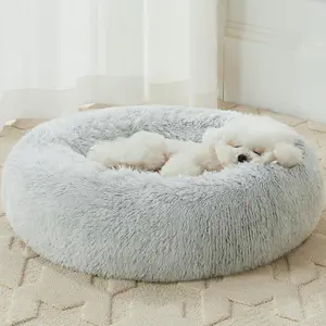 Calming Dog & Cat Bed, Anti-AnxietyDonut non-slip base Cuddler Warming Cozy fluffy Soft Round Bed, Fluffy FauxFur Plush Cushion Bed for Small Dogs and Cats