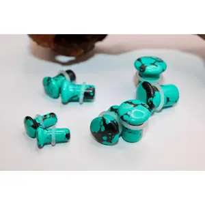 Genuine Vibrant Veining Turquoise Howlite Gemstone Earrings, Single Flare Gauge Pair, Metaphysical Natural Crystal Plugs for Stress Reduction, 3mm-16mm Sizes