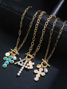 Luxury Vintage Baroque Style Cross Pendant Necklace, Glass Resin Turquoise Inlay, Unisex Elegant Jewelry Design for Daily Wear & Parties