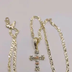 Cross With Rose's  pink & silver beautiful necklace gold-plated regular chain style 18"inches smallest