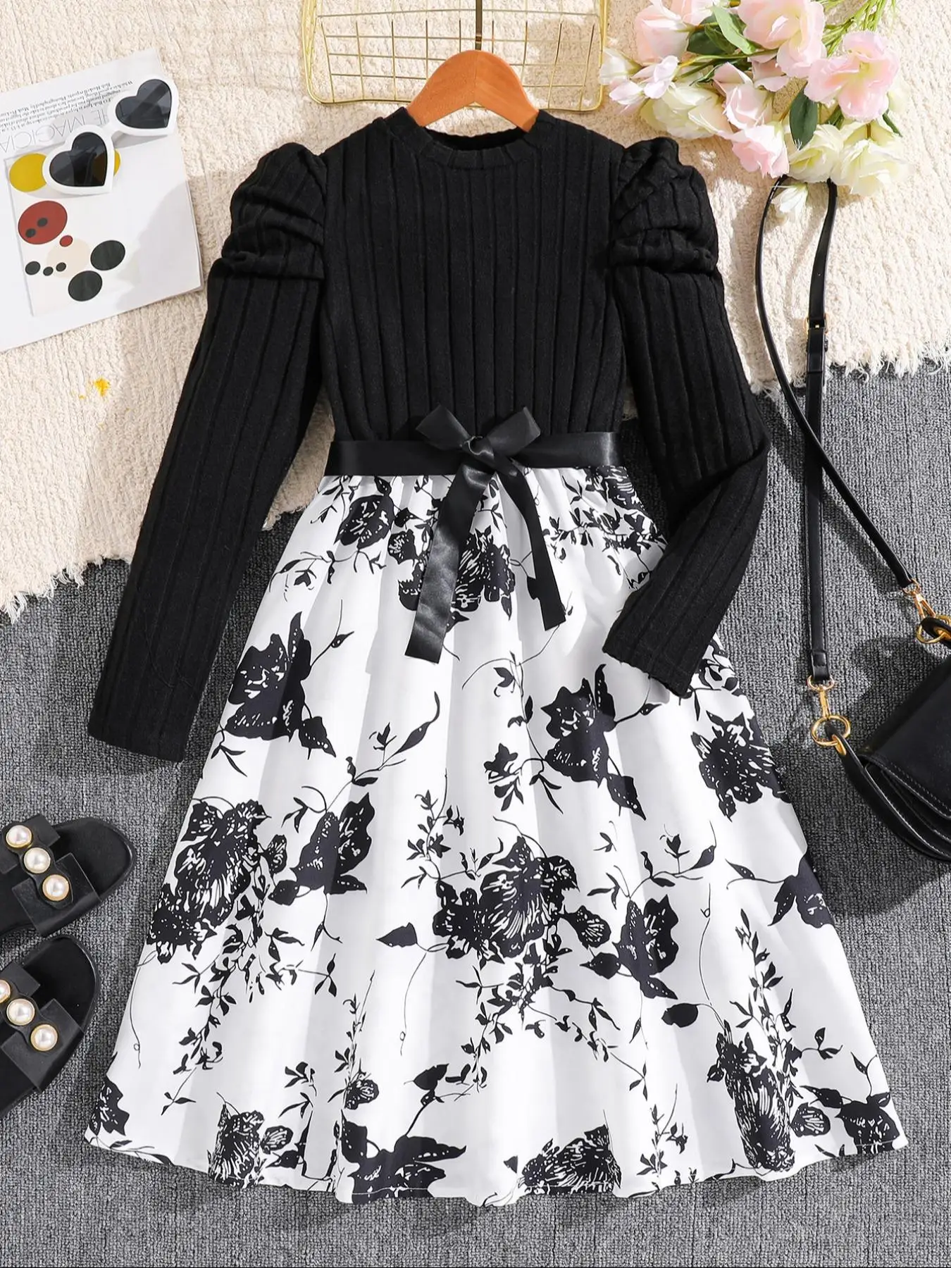 Girl's Floral Patchwork Print Belted A Line Dress, Elegant Long Sleeve Round Neck Dress for Party Holiday Wedding Guest, Kids Fall & Winter Clothes