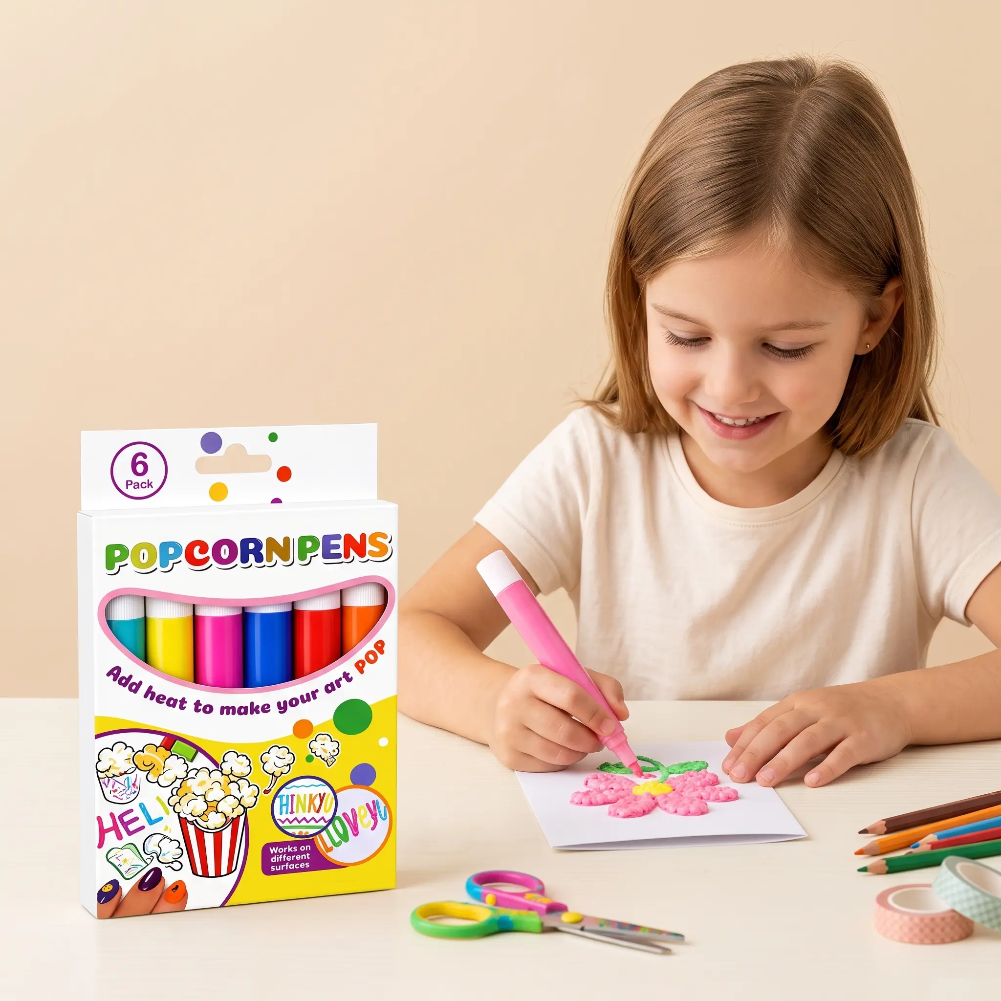 6-Pack 3D Popcorn Pens, Heat-Activated Puffy Paint Pens for Kids' DIY Creative Art Craft Office School Educational Supplies