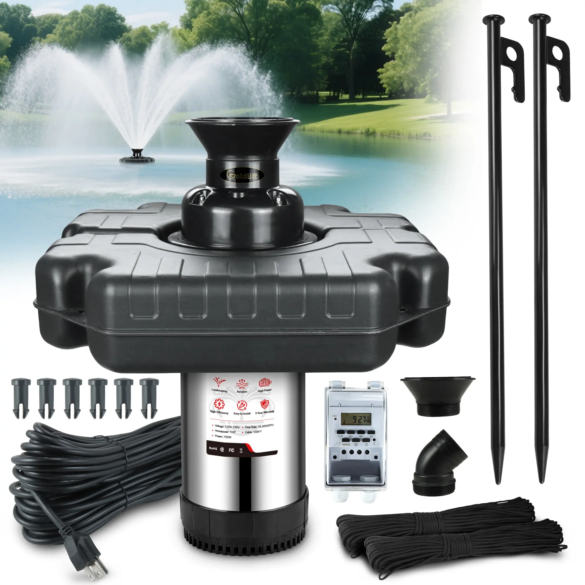 Goldlife Pond Fountain Aerator F3, Without Light, 110V 1HP 750W 15000GPH, 100FT Power Cord, Powerful Aerating Fountain Pump for Outdoor Small Large Pond Lake Garden Jet Fountain System