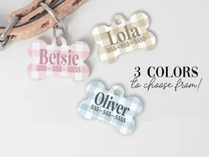 Plaid Gingham Blue Pink Custom Dog Tags ID Tag With Pets Name