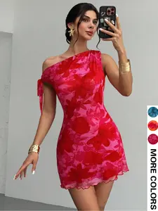 Women's Tropical Vacation One Shoulder Floral Dress, Block Print, Fitted Slimming Wave Hem Mini Skirt