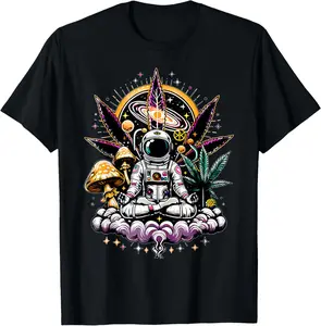 100% Cotton Astronaut Meditate Weed Cannabis Marijuana Trippy Mushrooms T-Shirt