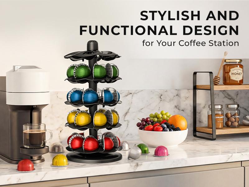 EVERIE Spinning Coffee Pod Carousel for Nespresso Vertuo Holds 40 Capsules Space-Saving Rotary Holder for Coffee Bar & Kitchen Countertop Black Sturdy Base Easy Access Design