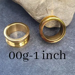 Pair Gold Screw On Off Back Steel Tunnels Gauges Ear Stretching 00g 7/16 1/2 9/16 5/8 3/4 7/8 1 inch plugs earrings piercing formal