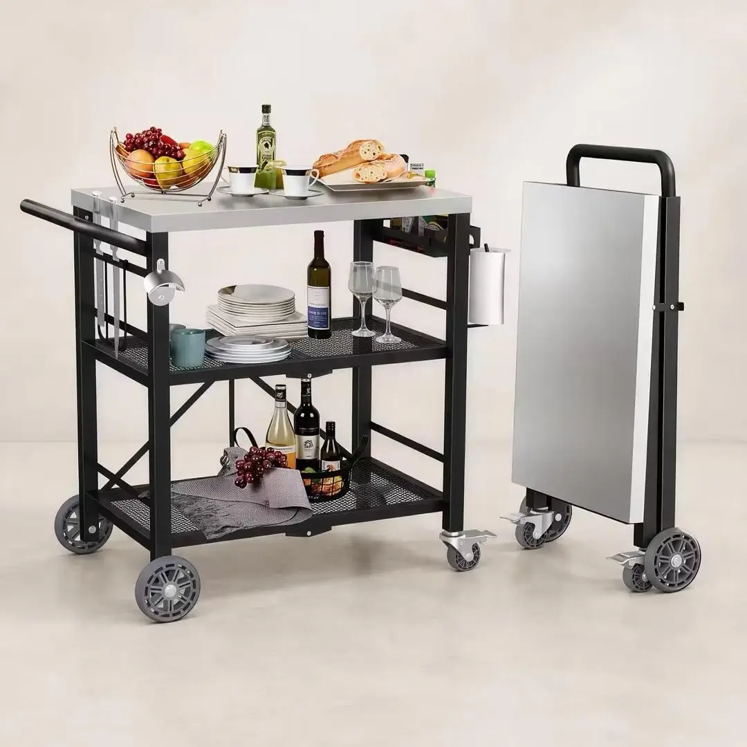 YACONA Stainless Steel 3-Layer Rectangle Collapsible Cart - Mobile Folding Trolley, Lock-Steady Wheels, Ergonomic Handle, Stable Locking Legs, Storage Rack, 31"d × 31"w × 20"h, Grill Table for Blackstone Griddle