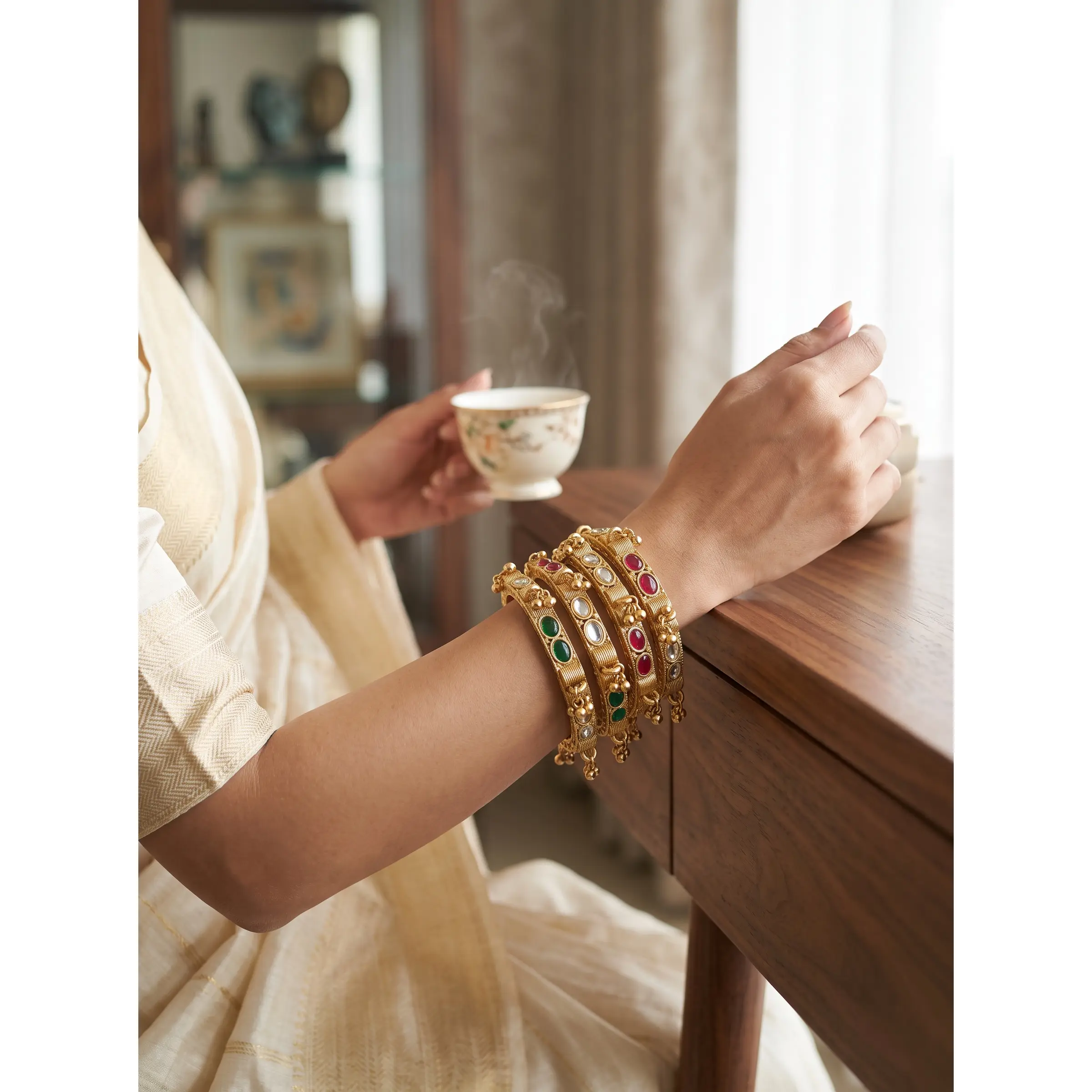 Traditional Gold-Tone Kundan Style Bangle Set – Red, Green & Clear Stones | 4-Piece Statement Bangles 7717