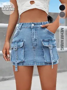 Women's Y2K Cargo Denim Mini Skirt | Flap Pocket Design | Must-Have Casual Daily Fashion Piece for Summer