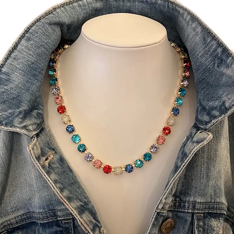 The Kayla Pink and Blue Ombré Jewel Candy Vibes Necklace and Bracelet Jewelry Sets with Multicolor Stones and Gold Accents