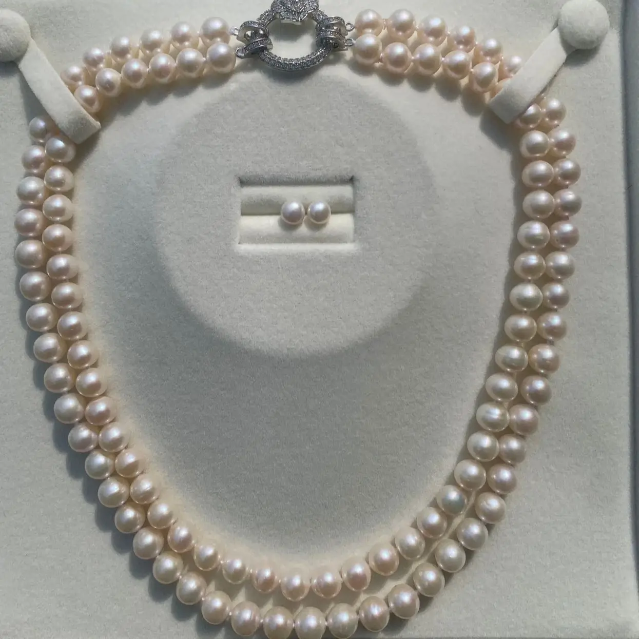 NC30-‘Moonlight Duet’ Double‑Layer Freshwater Pearl Necklace Set — Luminous Twin Rows, Signature Couture Clasp + Matching Stud Earrings. double layer pearl necklace, two strand pearl necklace, layered pearl necklace, freshwater pearl necklace set
