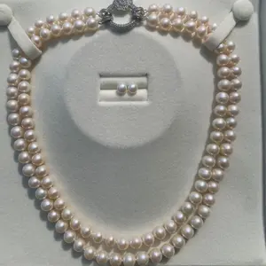 NC053-‘Moonlight Duet’ Double‑Layer Freshwater Pearl Necklace Set — Luminous Twin Rows, Signature Couture Clasp + Matching Stud Earrings. double layer pearl necklace, two strand pearl necklace, layered pearl necklace, freshwater pearl necklace set