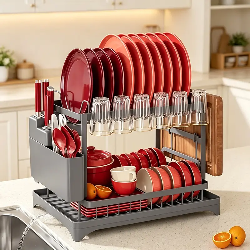 Stainless Steel 2-Tier Dish Drying Racks, Rustproof Kitchen Counter Organizer with Cutlery Holder, Cup Holder & Draining Tray, Multifunctional Grey Finish Storage Rack