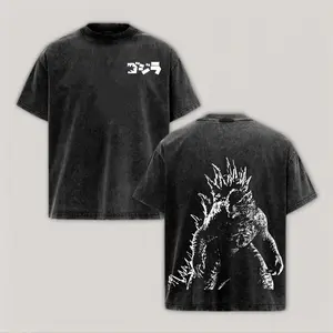 Casual Washed Black Godzilla Monster Printed T-shirt, Unisex Crew Neck Short Sleeve, Double-sided Print, Daily Outdoor Streetwear Top for Fashion Daily Outfits