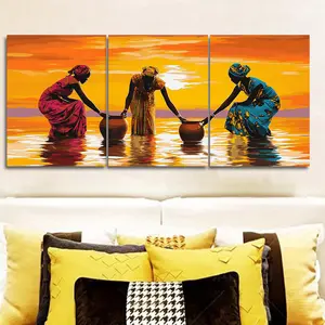 3-Piece African River Woman Fabric Painting Set - Vibrant Orange, Yellow, Red, Purple, Blue, Black, and Gold African Cultural Wall Art, Waterproof Wrapped Canvas Triptych Set, Luxurious Fabric Texture, Modern Home and Office Decoration - African Tradition