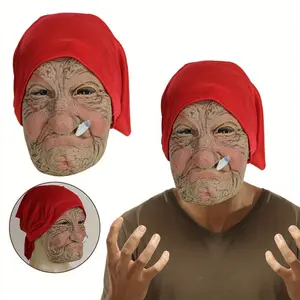 Lightweight Comfortable Funny Realistic Old Lady Mask with Red Headscarf, Fake Cigarette - Adult Creepy Granny Face Mask, Halloween Costume Cosplay & Prank Props, DIY Specialty Supplies Accessories, Gifts