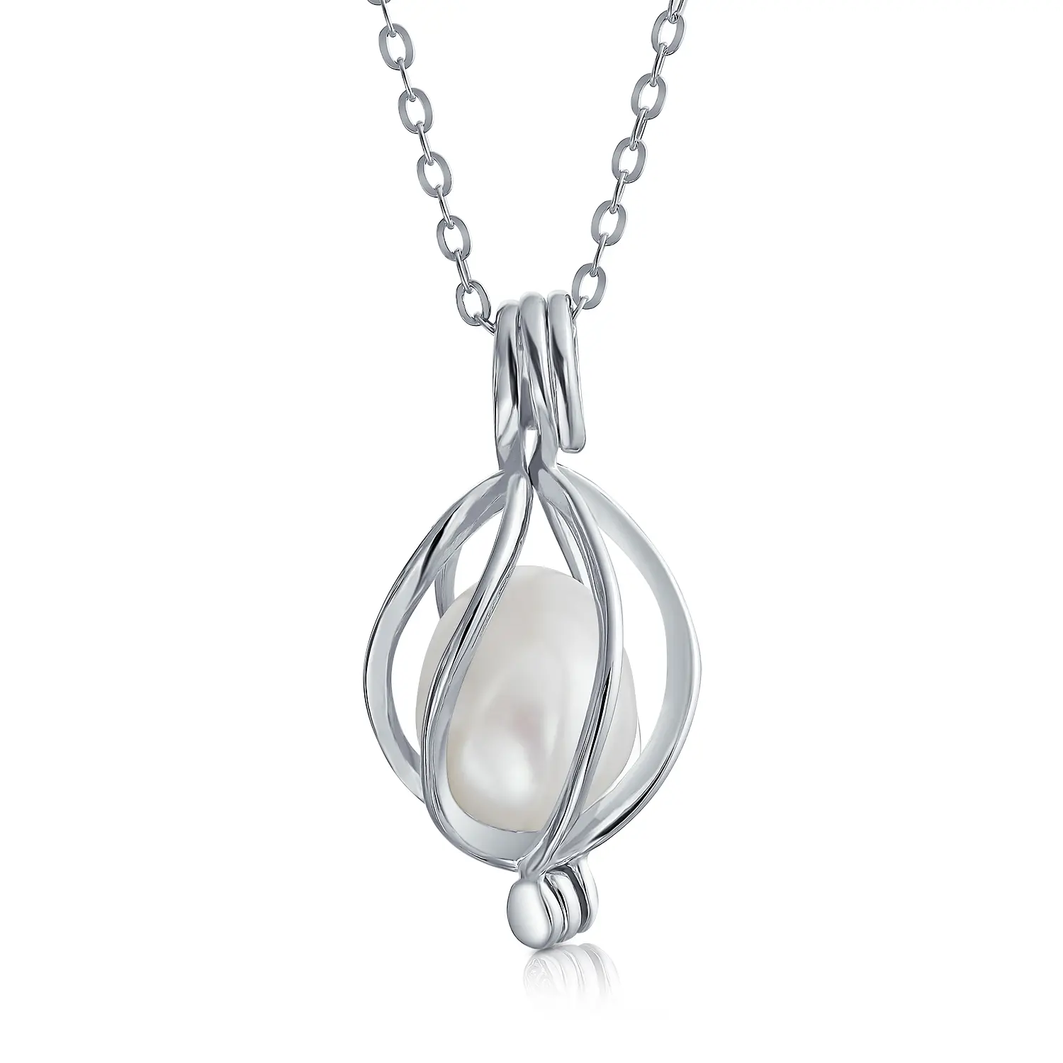 White Cultured Pearl Bird Caged Pendant Necklace .925 Sterling Silver